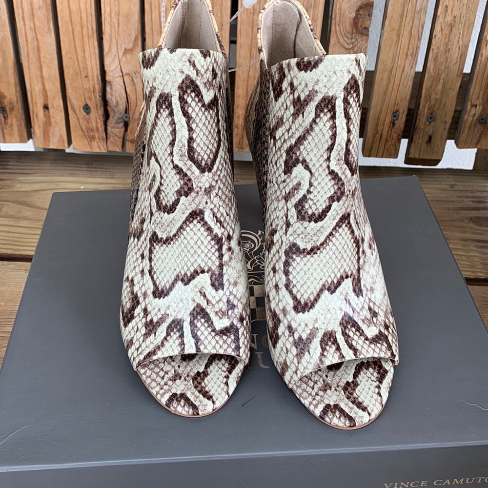 Open toe snakeskin booties
